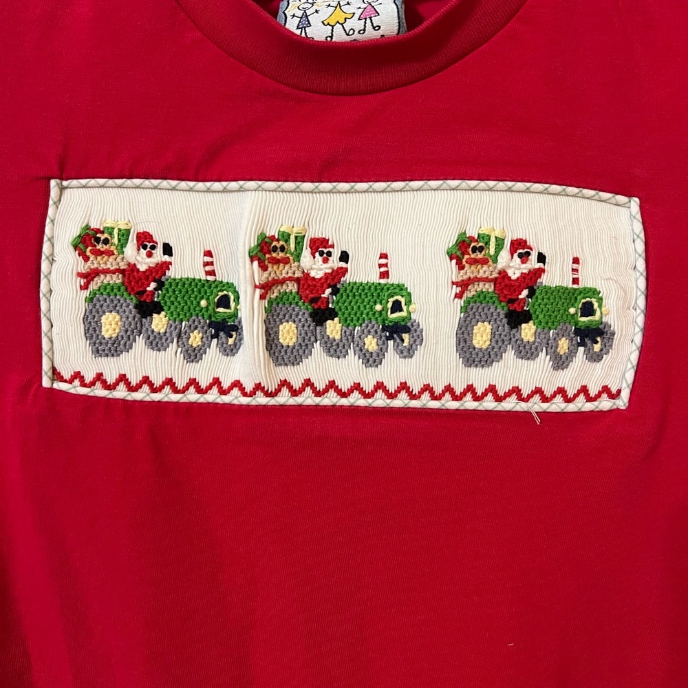 Three Sisters Boy 9mo Red Jumper Romper Christmas Santa Tractor Holiday Smocked